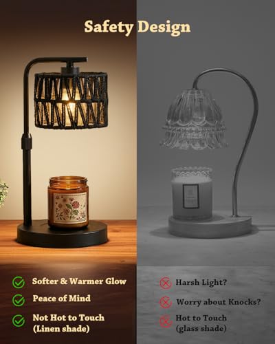 Candle Warmer Lamp, Timer Dimmable Candle Lamp, Adjustable Height and Brightness Candle Warmer, Black Boho Rattan Lampshade and 2 Bulbs, Suitable for Home Decor, Birthday Gifts for Women Mom - color: Boho-Black Shade