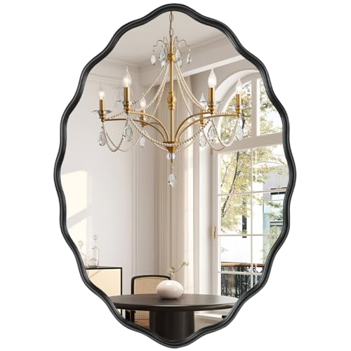 Oval Bathroom Mirror Wall Mounted Large Decorative Wall Mirror for Living Room, Bedroom, or Entryway – Vintage Sunburst Design with Beveled Detailing – Wavy Frame Vanity Mirror (Black) - color: Black