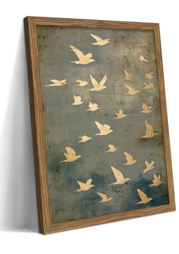 Framed Flock of Birds Canvas Wall Art, Vintage Minimalist Abstract Landscape Painting, Neutral Gold Birds Spiritual Wall Decor, Modern Aesthetic Pictures for Bedroom Living Room 16x24 inch - color: Flying pigeons, size: 24"L x 16"W