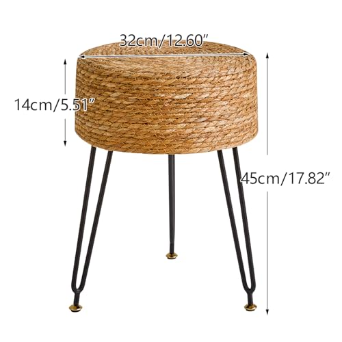 YMYNY Pouf Ottoman, Handmade Natural Water Hyacinth, Pastoral Style Footrest, Footstool with 4 Metal Legs Round Vanity Stool for Bedroom, Hallway, Living Room 12.59"L×12.59"W×17.71"H Natural UHBD029N - color: Natural Color