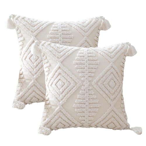 Andreannie Pack of 2 Boho Tufting Throw Pillow Cover Embroidered Textured Cushion Cover with Tassels Soft Home Decororative for Couch Sofa 18x18 inch (Boho White) - color: Boho White
