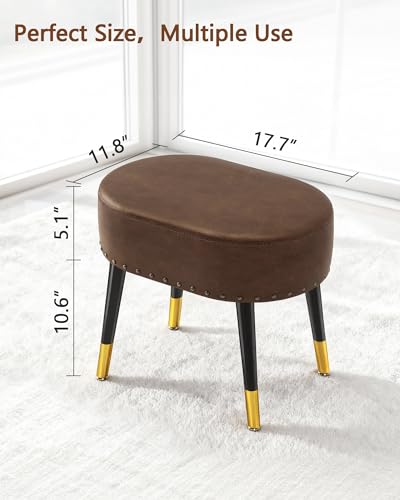 LITZFUR Vanity Stool Chair for Makeup, Pu Leather Oval Footrest, Vintage Rivet Ottoman Bench with Metal Legs, Dressing Stool for Batheroom, Living Room, Entryway, Brown - color: Brown