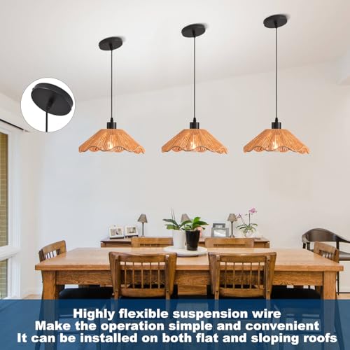 3 Pack Brown Woven Pendant Light Fixtures,11.81" Rattan Pendant Lights Farmhouse Basket Light Fixture Adjustable Boho Hanging Lamp for Kitchen Island Bedroom Dining Room Foyer Hallway - color: flower+brown