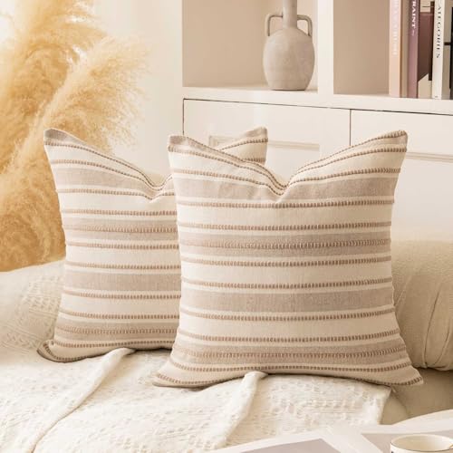 WACOMECO Pack of 2 Farmhouse Throw Pillow Covers, Textured Boho Cushion Covers for Couch Sofa Bed Home Decoration, 18x18 inch, Khaki - color: Khaki
