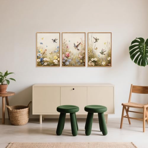 CHDITB Floral Bird Framed Canvas Wall Art Set Of 3, Vintage Garden Wall Decor, Nature Wildflower And Bird Wall Painting, Botanical Flower Art Prints For Dining Room Bedroom Decor (12X16 Inch) - color: Floral bird