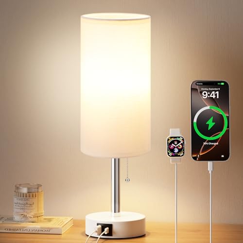 Dicoool Small Bedside Table lamp for Bedroom - 3 Color Modes, Desk Lamp with USB-C and USB-A Charging Ports, Pull Chain, Nightstand Light for Office, Kids Room, Dorm Lamp - color: White-White