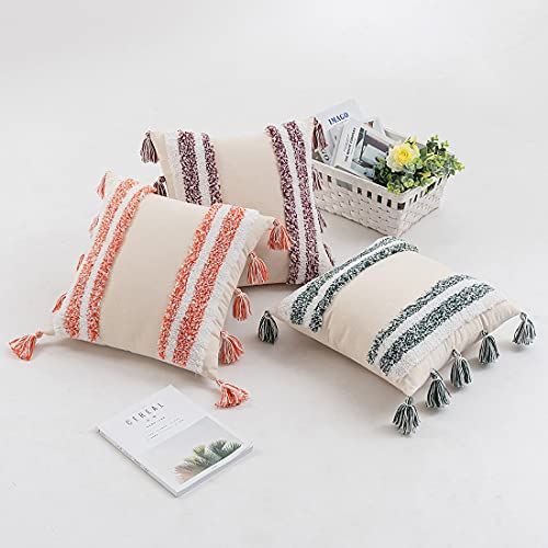 Boho Throw Pillow Cover Tufted Woven Decorative Pillowcase with Tassel Accent Square Farmhouse Stripe Cushion Cover for Sofa Bed Living Room (Green,18x18 Inch) - color: Green, size: 18" x 18" (Pack of 1)