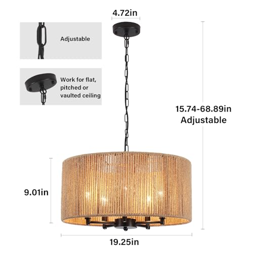 5-Light Boho Rattan Chandelier, 19'' Large Farmhouse Chandeliers Hand Woven Rattan Pendant Light Fixture, Black Wicker Chandelier for Dining Room Foyer Entryway Hallway Bedroom Kitchen Living Room - color: 5-Light Black