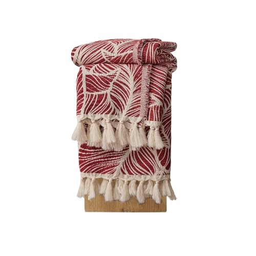 DOWN HOME Chenille Cotton Throw Blanket for Couch, Lightweight Boho Blanket for Bed Sofa Chair Living Room Outdoor Soft Woven Decorative Blanket with Tassel Gift Red Leaves 50"x70" - color: Red, size: 50"x70"