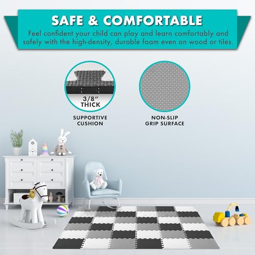 ProSource Baby Play Mat, Soft Foam Floor Tiles for Kids, Interlocking EVA Panels for Playpen Use, Crawling Development Surface, Safe Non-Toxic Toddler Flooring, 32 Tiles, Black/Gray/White - color: Black/Gray/White, size: 32 Tiles
