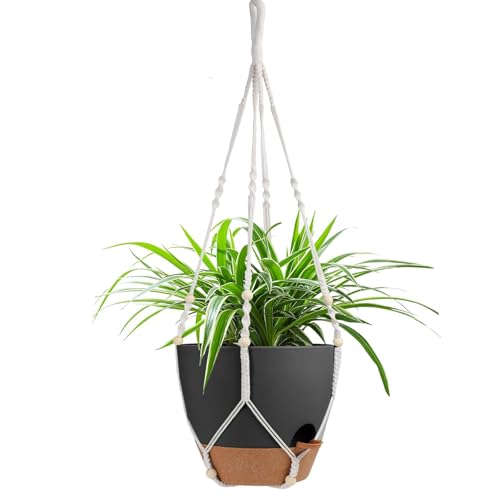 Vanslogreen 41.5 Inch Macrame Plant Hanger Indoor Outdoor with 12 Inch Flower Pot, Hanging Planter for Plants Holder with Wood Beads for Boho Home Decor (Ivory+Black) - color: Ivory+black, size: 12''