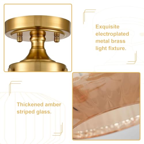 Flush Mount Light Fixture 11.02" Farmhouse 1 Light Ceiling Fixture with Amber Striped Hand Blown Glass Shade, E26 Base for Kitchen, Dining Room, Hallway - color: Amber
