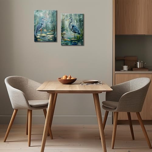 2 Panel Bird Wall Art Blue Heron Pictures Framed Bird Prints Artwork Heron in the Pond Natural Print Painting for Living Room Bedroom Office Wall Decor - color: Green, size: 36"L x 24"W