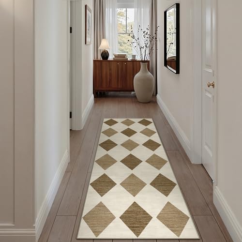 PureCozy 2x6 Runner Checkered Rug for Hallways Brown Washable Long Carpet Non-Slip Low Pile Boho Indoor Accent Throw Rug for Entrance Kitchen Bedroom Dining Laundry - color: Checkered Coffee, size: 2' x 6' (Runner)