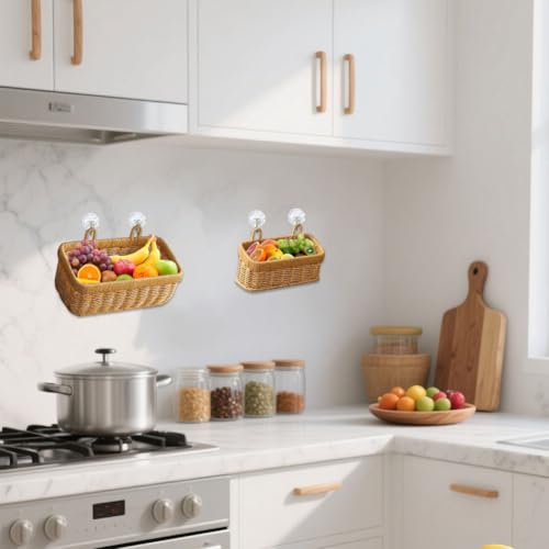 Wicker Wall Hanging Baskets,2 Pcs Handmade Rattan Hanging Wall Baskets for Plants,Flowers,Fruit,Vegetable and Magazines,Woven Wall Mount Decorative Basket for Kitchen, Living Room (Rectangle) - color: Rectangle