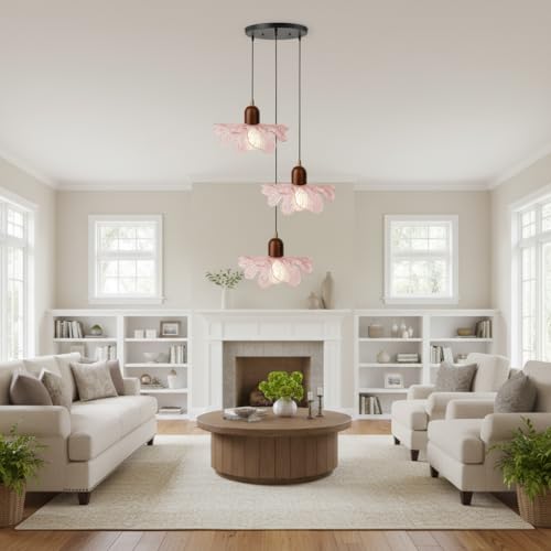 3-Light Pink Flower Glass Pendant Light, Mid-Century Modern Chandelier, Adjustable Hanging Ceiling Light Fixture for Dining Room, Kitchen Island, Bedroom, Living Room, Restaurant, Cafe - color: Pink, 3 Light