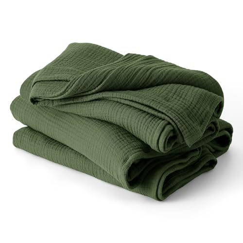 Bedsure 100% Cotton Muslin Blanket King Size for Bed - 4-Layer Breathable and Lightweight Thin Soft Summer Gauze Muslin Blanket for Adults, Olive Green, 108x90 Inches - color: 01 - Olive Green, size: King (108" X 90")