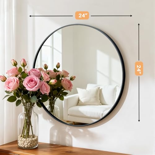 Bathroom Mirror for Wall, 24 Inch Round Mirrors | Circle Vanity Mirror for Bathroom Bedroom Living Room Entryway, Anti-Rust, Tempered Glass, Hanging or Leaning - color: Matte Black, size: 24"L x 24"W, style: Round