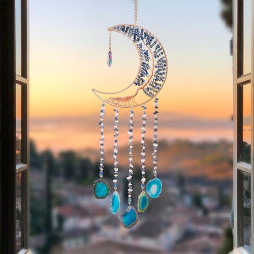 Agate Moon Dream Catchers with Crystal 7 Chakra Gemstone Dream Catchers Color Natural Gem Agate Wall Hangings Room Garden Dreamcatchers Decor (Lake Blue) - color: Lake Blue