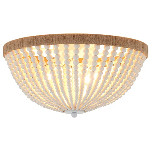 Dia 14.96" Boho Flush Mount Light Fixture Wood Bead, Farmhouse Chandelier, Antique Rustic Ceiling Light Fixture for Kitchen Hallway Entryway Laundry Bedroom Nursery Passway