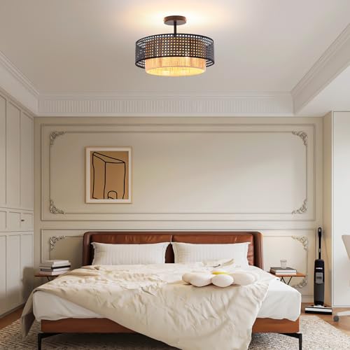 15.7-inch semi-recessed Ceiling Light with a Double-Drum Bohemian Rattan Woven Pendant, Suitable for bedrooms, Living Rooms, Dining Rooms, porches, and Kitchens. - color: 15.7'' Rattan&Hemp rope Black