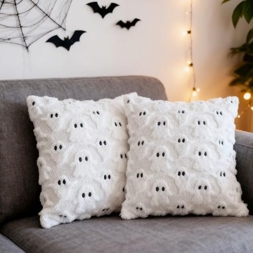 White Ghost Halloween Throw Pillow Covers 18x18 in Set of 2, Tufted Embroidered Plush Cushion Covers for Couch Sofa Holiday Decor - color: White Ghost