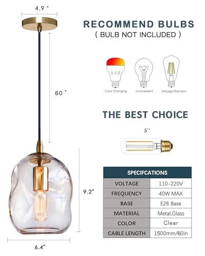 CASAMOTION Glass Pendant Light Gold and Clear Organic Globe Ceiling Hanging Fixtures Modern Industrial Ambient Lighting Over Kitchen Island Sink Bar Counter Porch Small Medium Lamp 8 Inch H - color: Clear+Gold 8"H-1 Pack