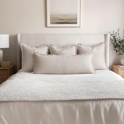 MIULEE Decorative Throw Pillow Covers Neutral Linen Fringe Throw Pillows Set of 1 Natural Beige Boho Farmhouse Cushion Covers for Couch Sofa Bed Living Room Spring Home Decor 14x36 Inch - color: Natural Beige