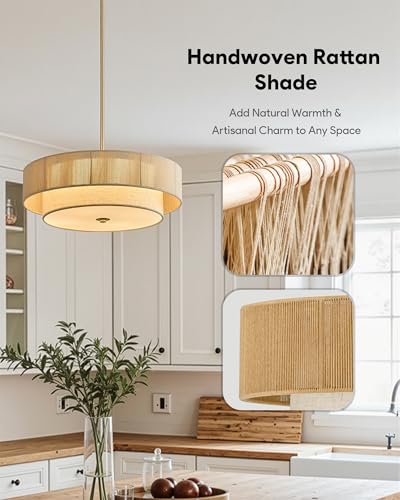 VONLUCE 17.7" Boho Rattan Chandelier, 4-Light Drum Chandelier with 2-Tier Woven Rattan Ceiling Light for Dining Room Bedroom Living Room with E26 Sockets, Nickel Finish, ETL Certified - color: Nickel, size: 18inch