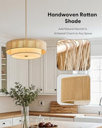 VONLUCE 17.7" Boho Rattan Chandelier, 4-Light Drum Chandelier with 2-Tier Woven Rattan Ceiling Light for Dining Room Bedroom Living Room with E26 Sockets, Nickel Finish, ETL Certified - color: Nickel, size: 18inch