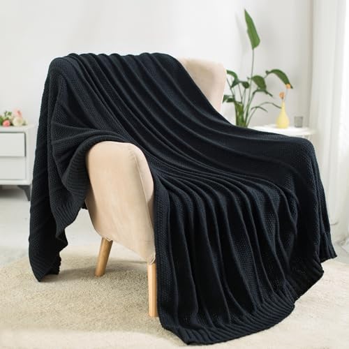 Carriediosa Knit Throw Blanket for Couch 50" X 60", Soft Cozy Stripe Pattern Cable Knitted Throws Fall Fluffy Textured Solid Home Decor Blankets Couch Cover for Bed Sofa, Black - color: Black, size: 50" X 60"