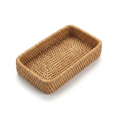 8.3" x 4.3" Small Natural Rattan Storage Tray, Decorative Handwoven Wicker Organizer Keys Tray Catchall, Shallow Rectangular Tray for Snack, Accessories Bathroom & Vanity, Entryway (XS) - color: Natural Xs (8.3" X 4.3")