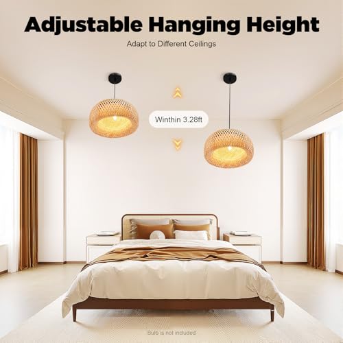 TFCFL 15Inch Bamboo Chandelier, Rattan Pendant Lamp Shade Ceiling Lighting Weave Bamboo Rattan E26 Hanging Light Fixture Hollow Lampshade Pendant Light for Dining Room (Bulbs Not Included) - size: 15 Inch