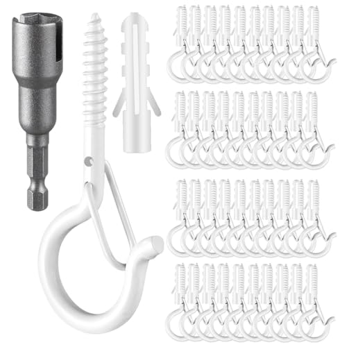 FSAH 48 PCS Q-Hanger Hooks, Screw Hooks for Outdoor String Lights, Safety Buckle Design Cup Eye Hook for Hanging Christmas Lights, Plants, Mounted on Wall Ceiling, Include 1 Wing Nut Driver, White - color: White, size: 48 Pcs