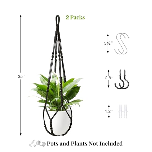 LEWESU Macrame Plant Hanger Indoor Set of 2 with 4 Hooks, Indoor Outdoor Hanging Planter for Plants Holder with Decorative Wood Beads & No Tassels, Boho Home Decor, 35 Inch Black (Pots Not Included) - color: Black, size: 35" Set of 2