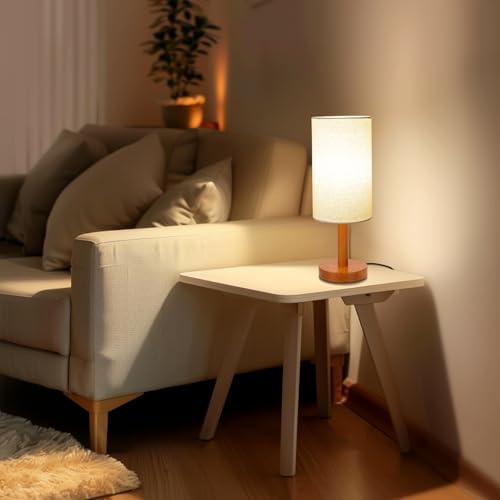 LALISU Small Table Lamp Nightstand Lamp Linen Lampshade Bedroom Wood Base Small Bedside Lamp for Night Stands, Desk Lamps for Reading Living Room, Office (LED Bulb Included) (Rosewood) - color: Rosewood
