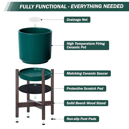 D'vine Dev Ceramic Planter with Walnut Color Stand - 8 Inch Modern Round Flower Pot with Wood Planter Holder, Teal, 55-B-Y-4 - color: Teal Pot + Walnut Color Stand, size: 8 Inch