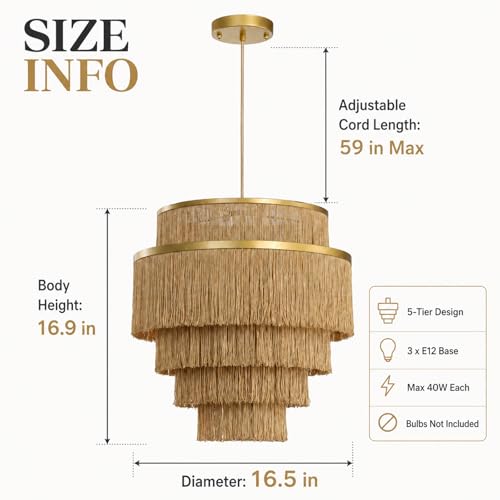 5-Tiered Boho Chandelier with Metal and Fringe,3 Lights Fringe Pendant Light Fixture,Tassle Chandelier for entryway,Dining Room,Baby Nursery,Gold - color: 5-Tiered-Gold