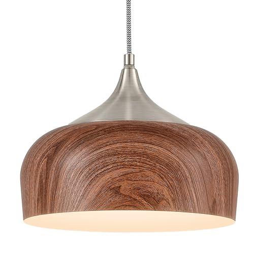 ELYONA Bauhaus Pendant Light Wooden Pattern Dome Pendant Light Fixture Brushed Nickel Metal Modern Adjustable Hanging Lighting for Kitchen Island Dining Room Office Hallway Foyer Bedroom, 12 Inch - color: Brushed Nickel & Wooden