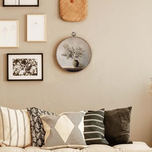 Lengues Vintage Olive Branch Round Wall Art, Pottery Still Life Round Wall Decor, Neutral Modern Organic Canvas Framed Art Prints, Cottagecore Olive Tree Hanging Frame for Home Room Decor 10x10 Inch