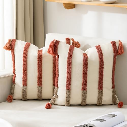 Boho Pillow Covers 18x18 Set of 2 Geometric & Striped Pillow Covers-Hand-Tufted Textured Pillowcases-Farmhouse Linen Decorative Throw Pillows for Sofa, Couch, Bed, Chair, Living Room, Thick Line - color: Thin Line