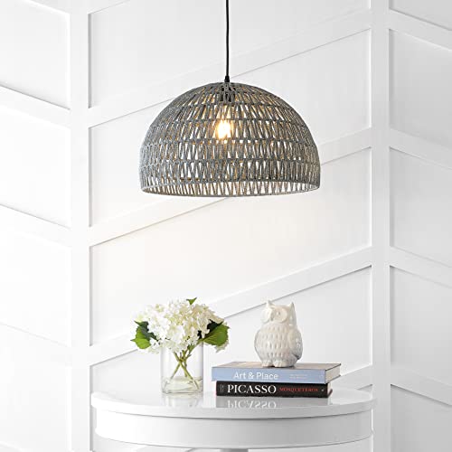 JONATHAN Y 20" Gray Modern Bohemian Woven Rope LED Pendant Light Fixture, Adjustable Dome Ceiling Lamp for Kitchen Island, Rope Shade, Coastal Farmhouse Decor (JYL6504D) - color: Gray, size: 20"