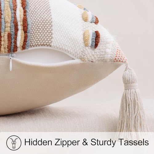 decorUhome Boho Decorative Throw Pillow Covers 18x18 Set of 2, Striped Chenille Tufted Pillow Covers with Tassels for Couch Bed Sofa, Cream White and Orange - color: Cream White and Orange