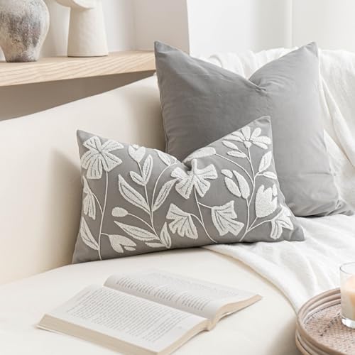 BlissBlush Lumbar Pillow Cover 12x20 Inch, Light Gray Floral Tufted Velvet Decorative Accent Pillow Case for Sofa Bed Living Room, Cover Only - color: Light Gray, size: 20" x 12" (Pack of 1)