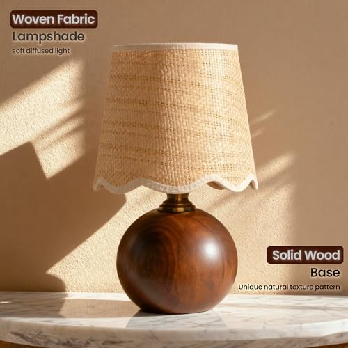 11.4" Modern Wooden Bedside Table Lamp, Small Nightstand Desk Lamp with Fabric Shade, Warm Ambient Light, Dimmable E26 Socket with Bulb Included for Bedroom Living Room (Fabric) - color: Scalloped Fabric+Solid Wood Base