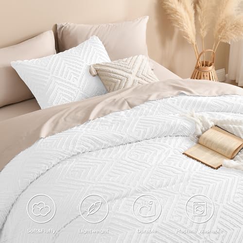 Andency White Comforter King Size, 3 Pieces Boho Bedding Set & Collections, Farmhouse Tufted Fluffy Bedding Comforter Sets for King Bed (1 Comforter 104x90In, 2 Pillowcases) - color: 02 - White, size: King (104"x90")