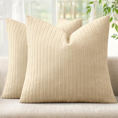 MIULEE Set of 2 Beige Decorative Throw Pillow Covers 18x18 Inch, Thick Soft Textured Striped Cushion Covers, Modern Solid Color Farmhouse Boho Pillow Case for Sofa Couch Bed Living Room - color: Beige, size: 18" x 18" (Pack of 2)