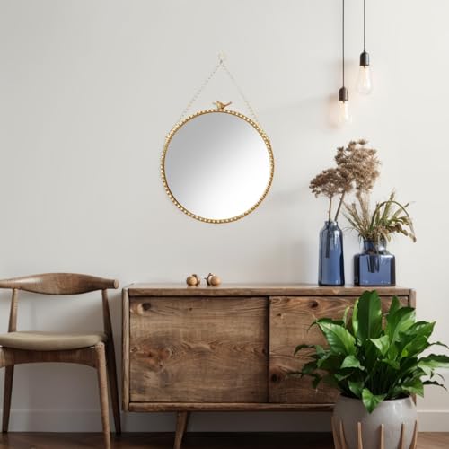 9.8 Inch Small Vintage Gold Round Wall Mirror with Sparrow Design-Iron Framed Mirror for Bathroom, Bedroom Or Dressing Room-Small Wall Mounted Mirror with Metal Bead Accents