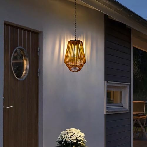 Livinlarge Rattan Solar Lantern Waterproof,Hanging Chandelier Lights Patio Porch Garden Farmhouse Decoration Rustic Handmade Outdoor Wicker Pendant Lamps - style: Rattan Pendant Lights-3