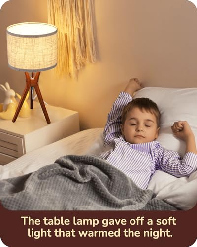 EDISHINE Mid Century Table Lamp, 17.5" Tripod Bedside Lamp with Deep Wood Color Light Base & Beige Linen Lampshade, Nightstand Lamp for Bedroom, Living Room, Reading Room, E26 Base - color: Dark Wood
